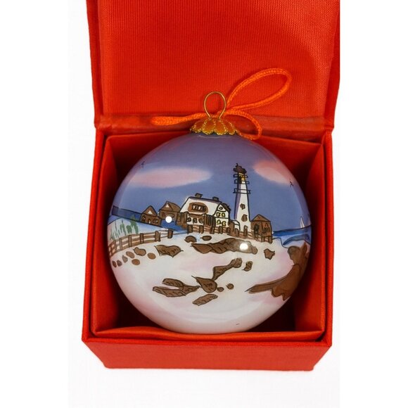 Glass Hand Painted Ornament Ball Lighthouse with Keepsake Box | Vintage Christm - Picture 1 of 9